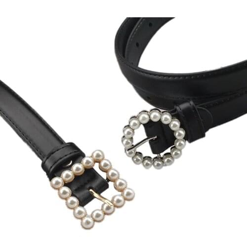 Fashion PU Leather Women Belt Round Square Pearl Buckle Black Female Waist Belt For Ladies Dress Jeans Trouser Waistband Z20