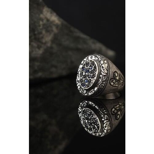 Dark Blue Zircon 925 Silver Engraved Traditional Handmade Turkish Signet Ring Jewelry Gift for Women Men