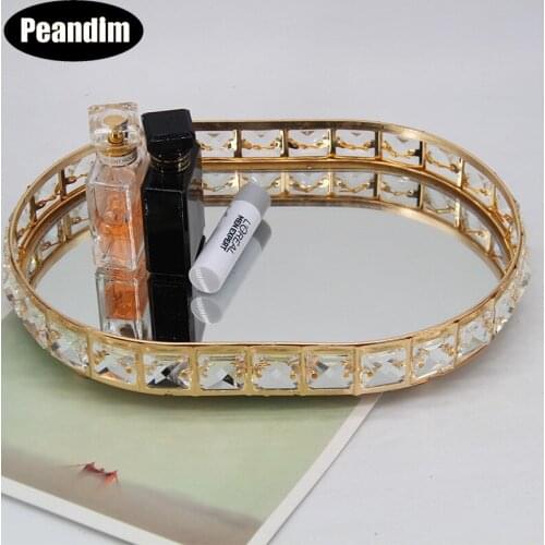 PEANDIM Crystal Tray Mirror Cosmetic Storage Gold Cake Stand Wedding Party Cupcake Dessert Home Display Plate Decoration
