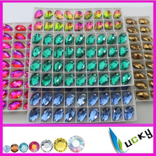 Free shipping56pcs 10.5x18mm All colors pear shape various colors sew on crystals with 2 holes, flat back droplet jewelry beads