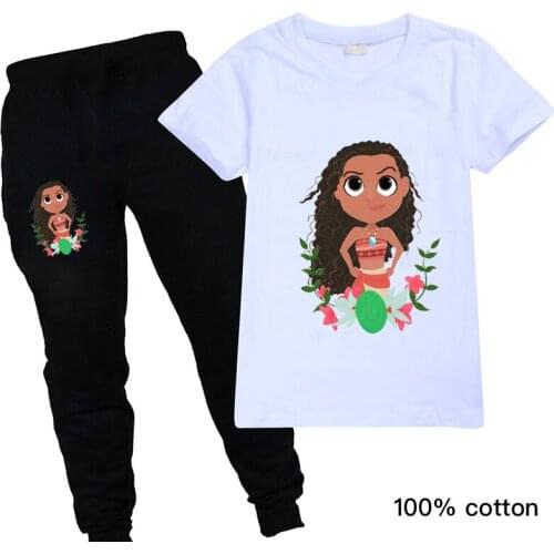 Children Short Sleeve T-shirts+black Pants Cartoon Moana with Printing Pattern Multicolor Kids Summer Clothes for Girls