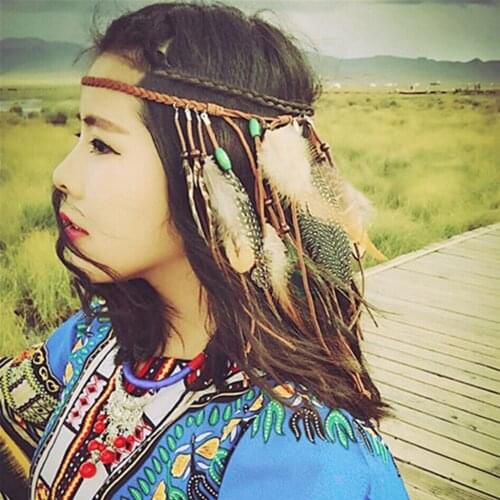 Girl/Women Hippie Boho Feather Leaf Beaded Headband Multi-colored Bohemian Indian Tribal Head Bands