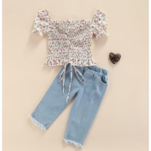 FOCUSNORM 1-6Y Summer Kids Girls Sweet Clothes Sets Short Puff Sleeve Off Shoulder Flowers Printed T Shirts Long Denim Pants