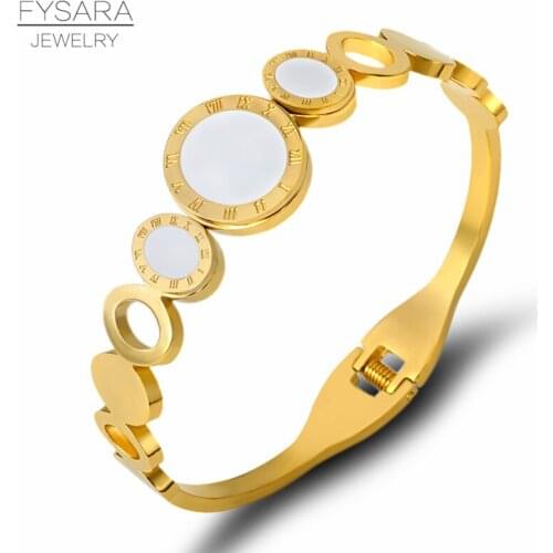 FYSARA Trendy Jewelry Hollow Round Circles Shell Bracelets & Bangles for Women Titanium Steel Roman Numeral Bangles Female