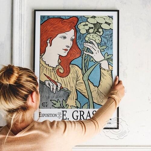 Grasset Vintage Exhibition Museum Poster, Grasset Red Hair Woman Observes And Record Plants Canvas Painting, Nordic Wall Decor