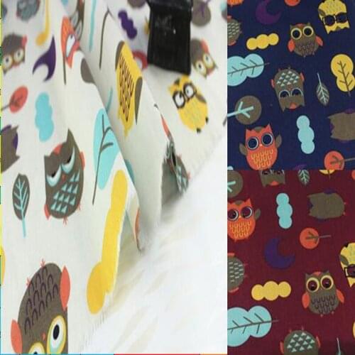 Cute 50x145cm Navy Blue Red & Beige Colorful Lucky Owl Printed Cotton Poplin Fabric For DIY Sewing