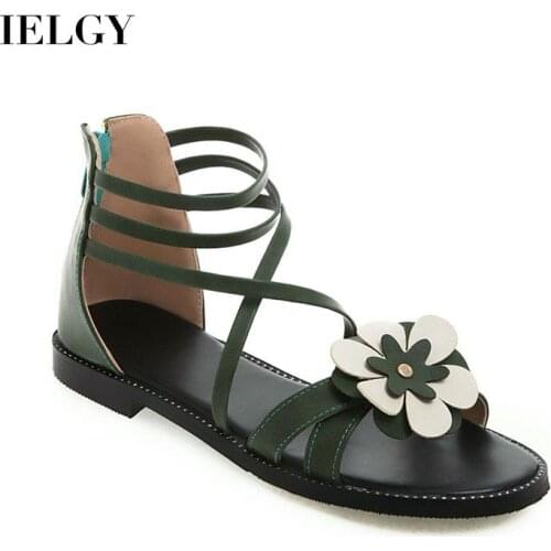 IELGY Beige Open toe Roman style Flowers Fashion Flat shoes Comfortable Womens Korean version All-match sandals