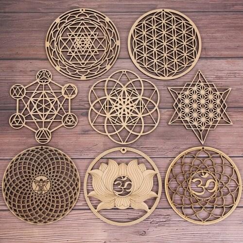 Laser Cut Natural Wooden Wall Sign Home Wall Decor Flower Of Life Energy Mat Slice Wood Base Wood Wall Art Decorations Supplies