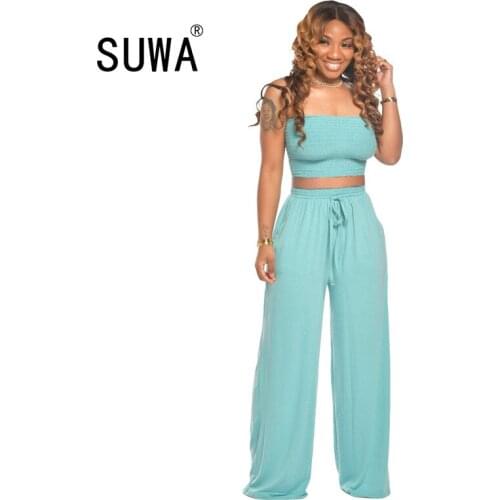 Summer two piece set women party night club sexy outfits sleeveless vest crop tops + high waist wide leg pants lounge wear