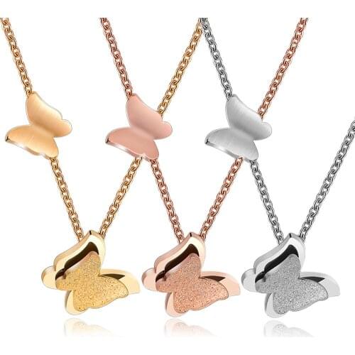 Stainless Steel Cute Double Butterfly Charms Pendant Necklaces Rose Gold Color Link Chain Necklace Jewelry For Women Gift