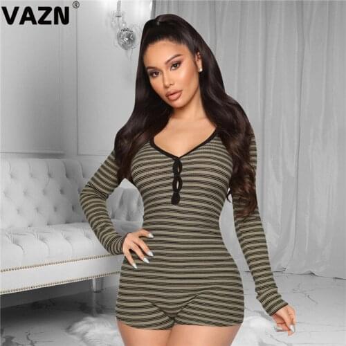 VAZN 2020 New Striped Sexy Soft Elastic Young Overalls Joker Fashion V-Neck Full Sleeve Women High Waist Skinny Playsuits