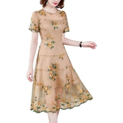 LUKAXSIKAX 2021 New Summer Women Short Sleeve Dress High Quality Mesh Flowers Embroidery Elegant Slim Long Dress