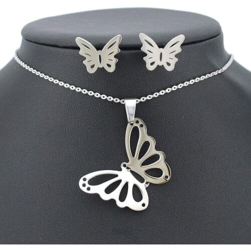 New Arrival! Hollow Butterfly Earrings and Necklace Jewelry Sets Stainless Steel Women Jewelry Set BTS365