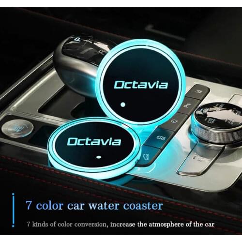 Luminous Car Cup Coaster Holder 7 Color Car Logo Led Atmosphere Light For Skoda Octavia 1 2 3 4 RS A5 A7 Auto Accessories