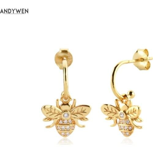 ANDYWEN 925 Sterling Silver Gold Zircon BEE EARRING Piercing Pendiente Drop Earring Fine Jewelry Clips Luxury Jewelry 2021
