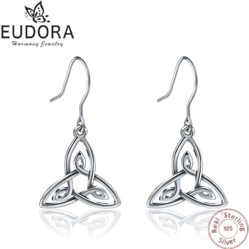 EUDORA New 925 Sterling Silver Triangle Earrings Celtics Knot Drop Earrings Leaf eardrop Women Fashion Sliver Dangler Jewelry