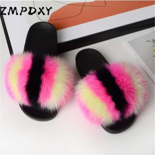 Womens Raccoon Fur Slides Kids/Childrens Real Fox Fur Slippers Fluffy Open Toe Sandals Girl Beach Plush Flip Flops Furry Shoes