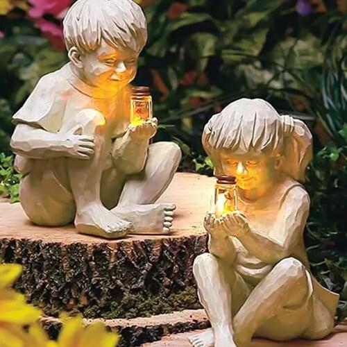 Boy Girl Light Resin Statue Artistic Garden Figurine Make A Wish Ornament Retro Vintage Decoration Ornament for Outdoor Patio