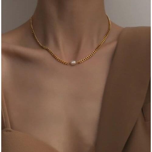 Vintage Stainless Steel Freshwater Pink Pearl Choker Metal Geometry Chain Necklace