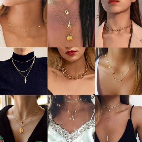 Vintage Multilayer Choker Necklace Women Gold Color Beads Moon Star Collier Femme Chain Punk Pendant Necklaces Collar Jewelry