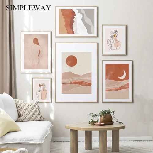 Boho Art Vintage Poster Moon Sun Sexy Woman Abstract Landscape Modern Print Minimal Wall Painting Picture Living Room Decoration
