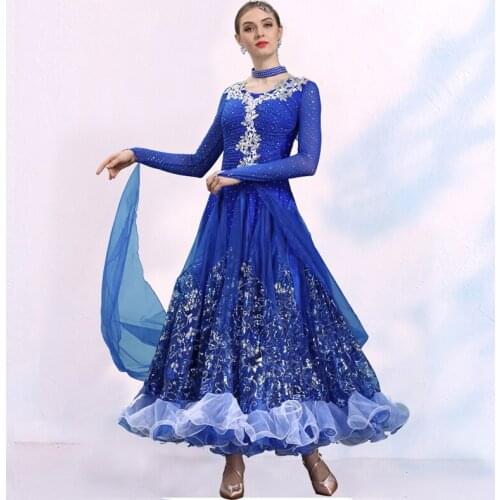 New Women Modern Dance Costumes Sequin Embroidered Ballroom Dance Competition Dresses Long Sleeve Waltz Dance Clothing DQL3334