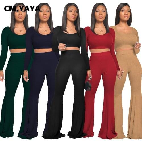 CM.YAYA Solid Full Sleeve Two Piece Set Women Pullover O-neck Crop Top and Elastic Waist Floor-length Flare Pants 2 Piece Outfit