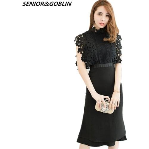 2019 Newest Self Portrait Black Lace Patchwork Hollow Out Sleeveless Summer Women Bodycon Stand Collar Mermaid Party Midi Dress