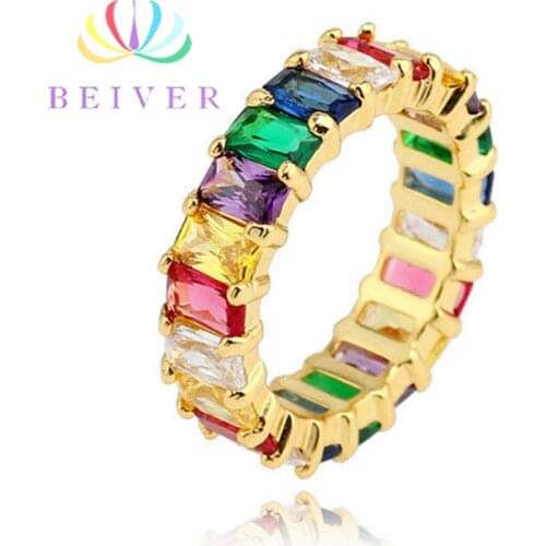 Beiver Cz Engagement Ring For Women 5 Colors Rainbow Baguette Multicolor Cubic Zirconia Eternity Band Ring Jewelry