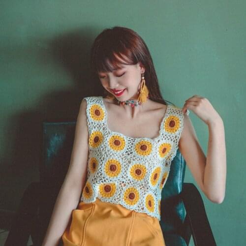 2021 sunflower original handmade hook flower hollow sling holiday small fresh knitted vest