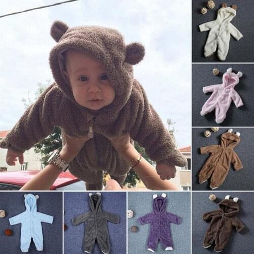 Winter Autumn Newborn Baby Infant Boys Girls Long Sleeve Solid Colors Warm Bear Ear Romper Hooded Jumpsuit Outfits Clothes#p4
