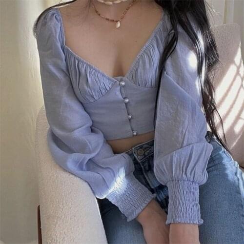 ZXQJ Women 2021 Sexy Fashion With Buttons Cropped Blouses Vintage Square Collar Long Sleeve Female Shirts Chic Tops