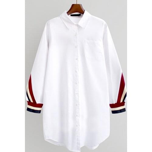 2021 White Shirts Women Oversized Button Up Striped Bandage Shirts Turn-Down Collar Womens Blouses Long Sleeve Plus Size Tops