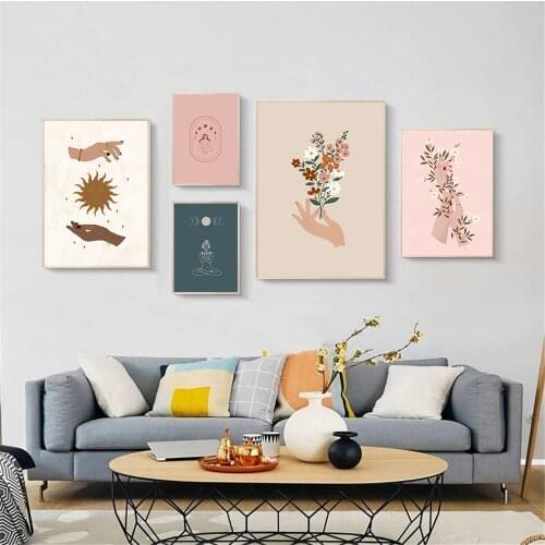 Abstract Sun Hands Poster Boho Moon Yoga Woman Canvas Art Painting Flower Celestial Hand Print Wall Pictures Living Room Decor