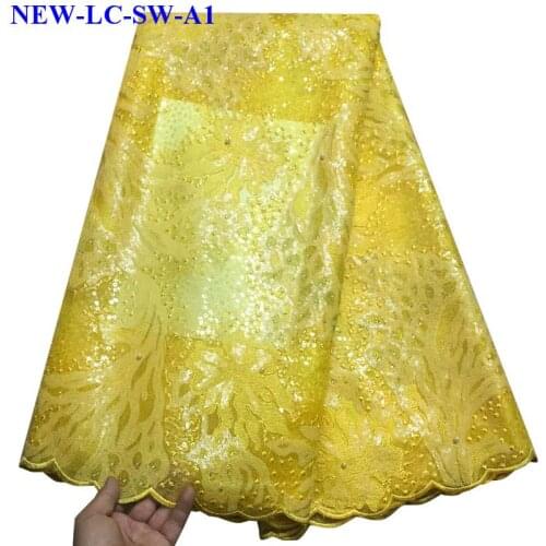 Yellow color African Organza Lace Fabric High Quality Fashion African Guipure Lace Fabric With sequins For Women Dress NZA03