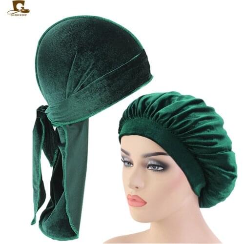 Velvet Durag And Bonnet 2pcs Set Women Sleep Cap and Men Doo Rag Bonnet Cap Comfortable velvet Sleeping Hat
