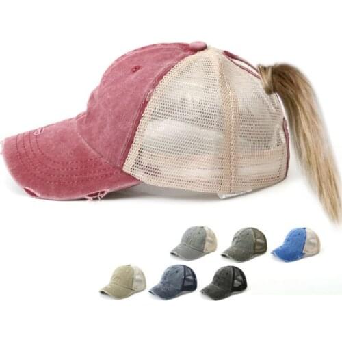 New Solid Washed Denim Cotton Baseball Caps Girls Mesh Ponytail Snapback Hat Casquette Gorros