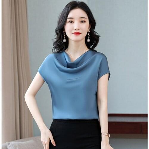 Summer Korean Fashion Satin Women Blouses Office Lady Shirt and Blouse Short Sleeve Womens Tops Loose Blusa Feminina
