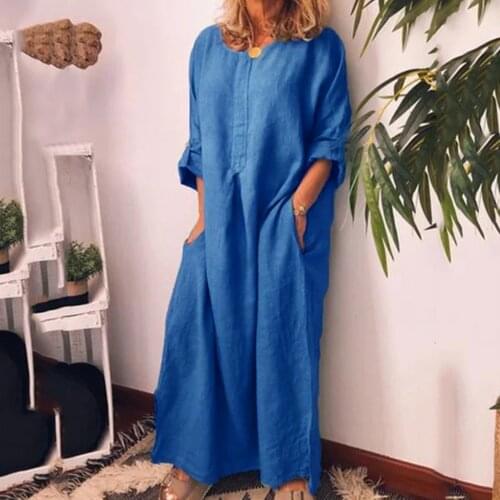 Bohemia Summer Women Maxi Dress Cotton And Linen Long Sleeve O Neck Solid Loose Pocket Casual Female Plus Size Long Shirt Dress
