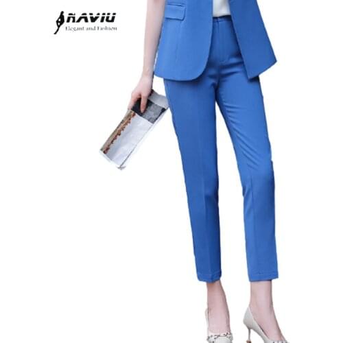 Professional Pants Women New Summer Thin Slim Temperament Formal Blue Work Ankle-Length Trousers Black