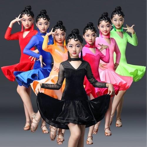 Children girl Gold velvet latin dresses Gymnastics Dancewear Competition Dancing Costume Child ballroom Dance Dress For Girls