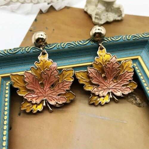 Double Maple Leaf Stud Earrings Statement Heavy Big Ear Jewelry Individuality Enamel Accessories