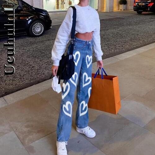 Ucuhulnl Heart Printed Y2K Straight Mom Jeans Women Harajuku Baggy High Waist Denim 90s Korean Joggers Streetwear Trousers