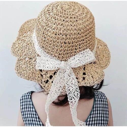 FOCUSNORM 3 Colors Toddler Girls Summer Straw Hat Cute Wide Brim Floppy Beach Hat with Lace Bowknot
