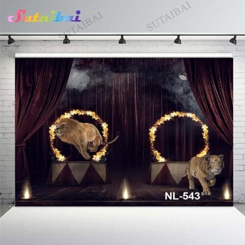 Kids Birthday Party Circus Theme Lion Tiger Play Show Red Curtain Baby Child Background Photography Backdrops for Photo Studio