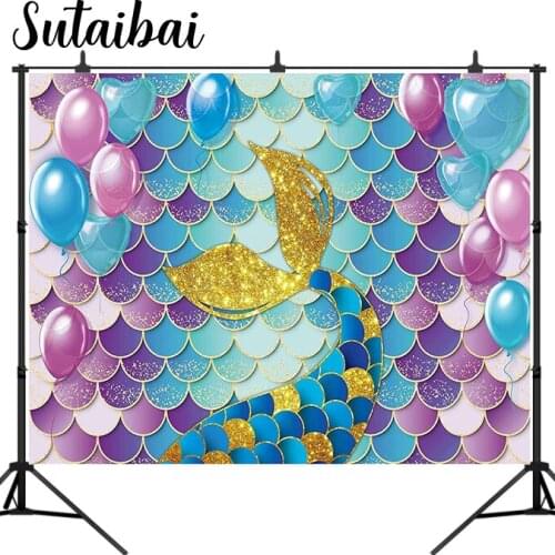 Mermaid Scales Backdrop Girl Princess Birthday Party Photography Background Under The Sea Gold Tail Balloons Baby Shower Banner