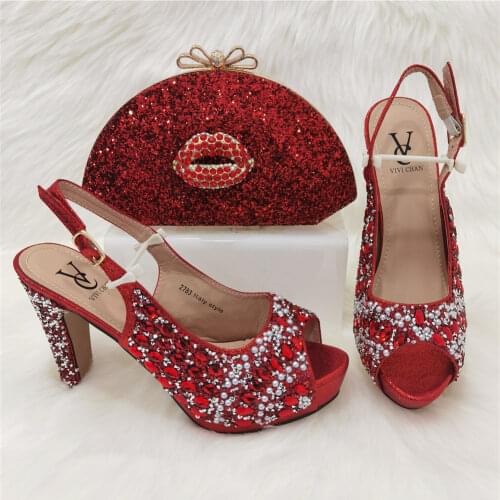 The Roes Red Color African Shoes With Matching Bags Set Nigerian Womens Party Shoes and Bag Sets High Slippers And Handbag