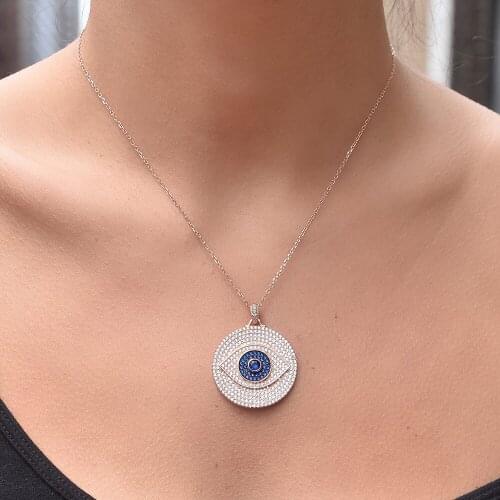 Round coin disco disk charm pendant micro pave cz evil eye necklace Boho Bohemia classic women chain 45+5cm