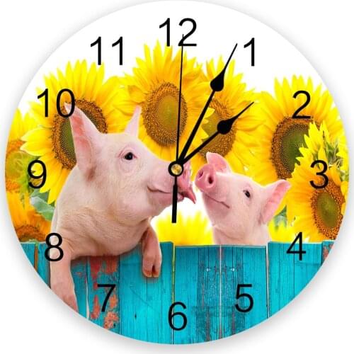 Pig Sunflower Flower Animal Round Wall Clock Modern Design Home Living Room Decoration Childrens Room Kitchen Table Clock