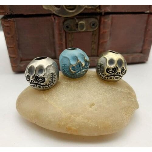 Brass Evil Skull Face Round Head Knife Beads Outdoor Umbrella Rope Pendants Vintage Copper Keychains Hanging EDC DIY Accessories